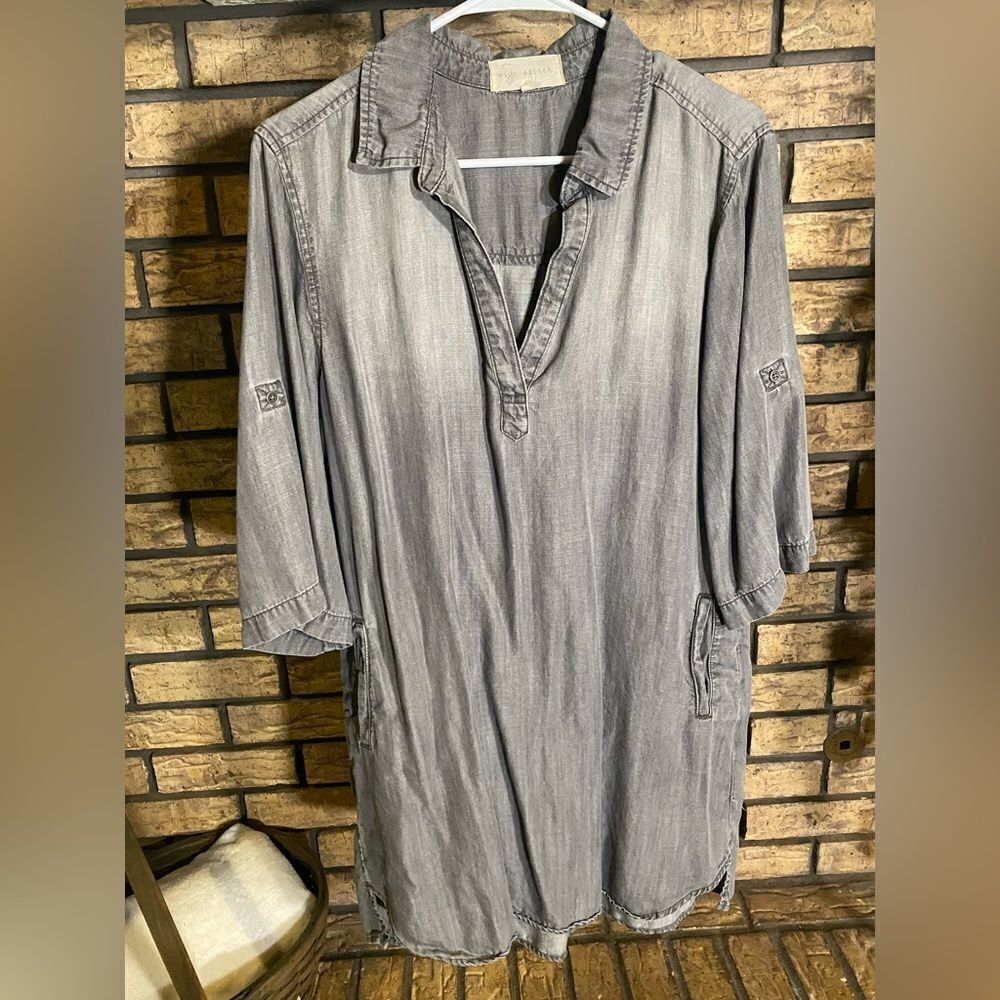 Side stitch faux denim roll tan‎ sleeve dress